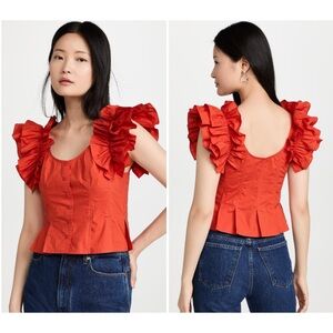 Ulla Johnson Milla Cotton Poplin Button Front Top Ruffle Sleeves